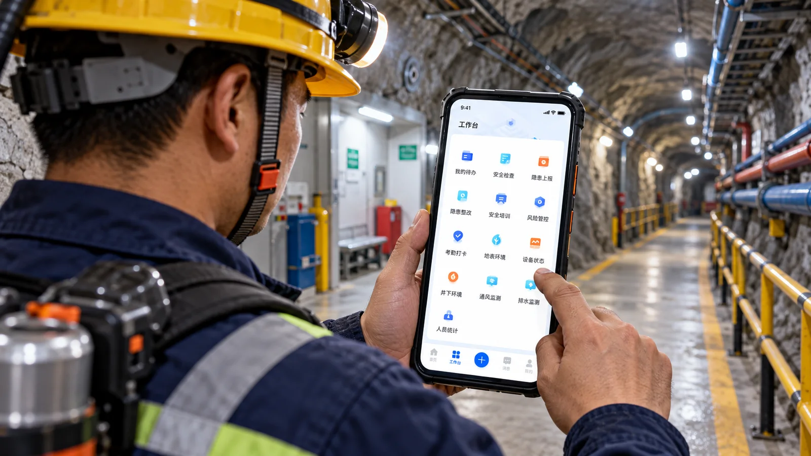 井下矿山员工通过手机上的迈安通APP查看岗位工作入口的场景