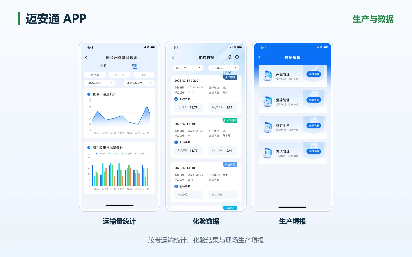 迈安通APP生产与数据界面设计拼图:运输量统计、化验数据、生产填报